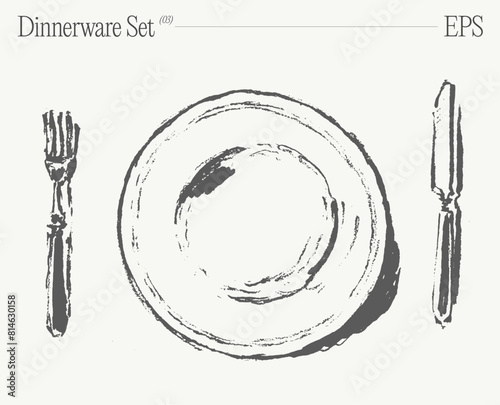 Dinnerware set. Top view of plate, fork and knife on the table. Hand drawn vector illustration
