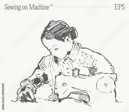 A woman sewing on machine. Hand drawn vector illustration, sketch.