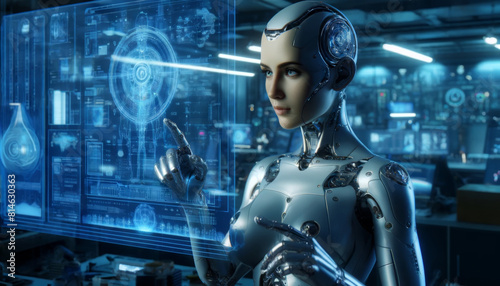 A futuristic cyborg engineer in a lab, metallic skin reflecting the lab's lighting.