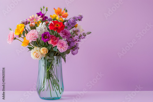 A vibrant photo of a bouquet of mixed flowers in a vase on a solid lavender background © STUDIO COLORS