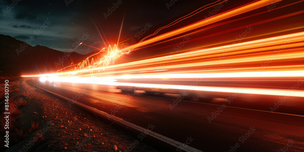 Long exposure night time photograph of car driving on road with light trails illuminating the dark background Long exposure night time photograph of car driving on road with light trails illuminating the dark background