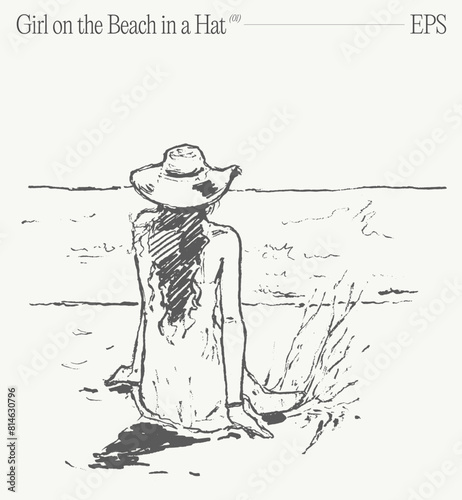 A girl in a hat, sitting on the beach, gazes at the ocean
