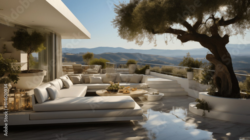 Terrasse, balcon, d'un maison d'architecture moderne, villa de luxe avec vue sur un paysage Méditerranéen. Arrière-plan pour conception et création graphique. © FlyStun