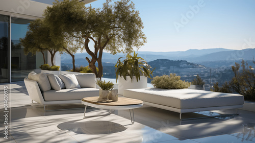 Terrasse, balcon, d'un maison d'architecture moderne, villa de luxe avec vue sur un paysage Méditerranéen. Arrière-plan pour conception et création graphique.