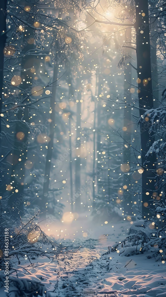 A winter forest covered in snow, illuminated by numerous bright lights. The trees are blanketed in white, creating a magical scene filled with festive cheer.