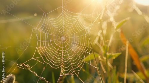 Dew-kissed spider web gracefully illuminated by morning sunlight