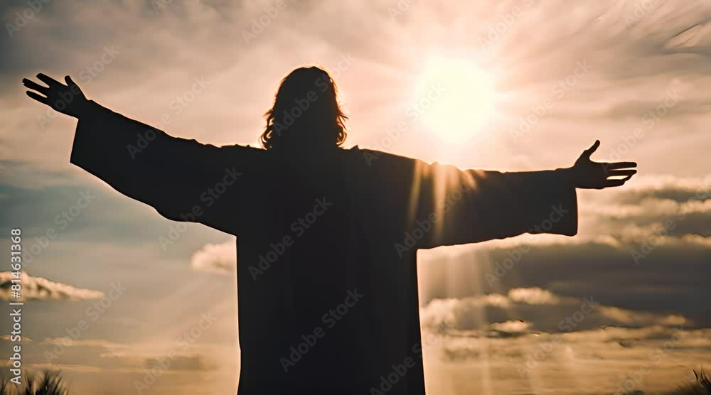 Redemption in the Sky. Silhouette of Jesus with Arms Raised