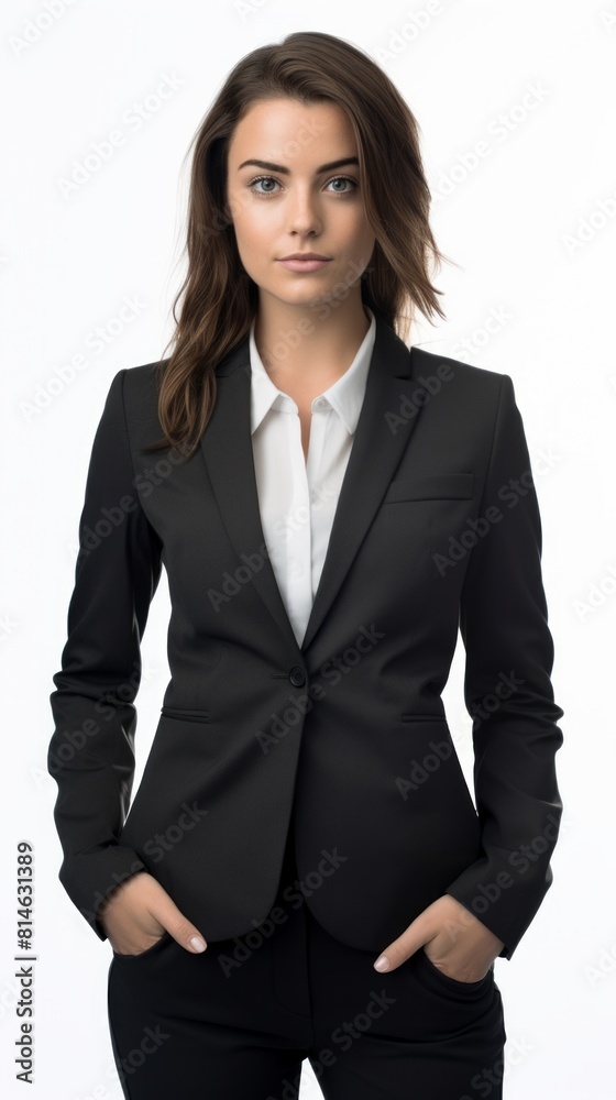 Generative AI woman in a formal suit hands in pockets wide shot Generative AI woman in a formal suit hands in pockets wide shot