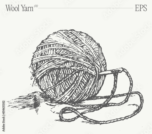 A ball of wool yarn with a needle in it. Hand drawn vector illustration, sketch.