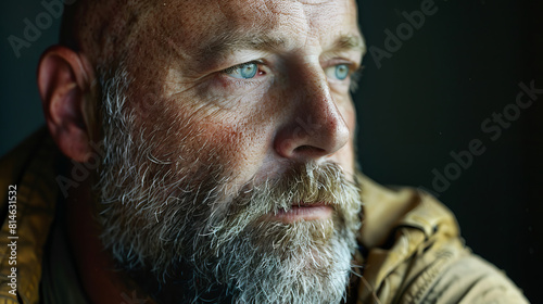 A picture of a brutal bald man with a thick beard, close-up, photo in bright light.