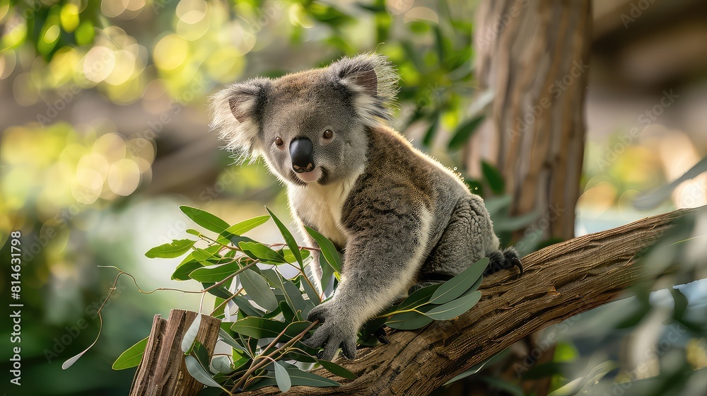 Naklejka premium A dynamic shot capturing the essence of wildlife as a koala bear sits on a tree branch, leisurely munching on leaves, offering a delightful scene for a high-resolution wallpaper.