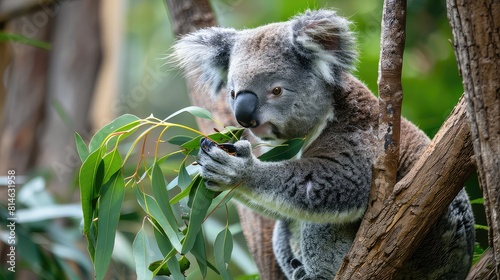 A dynamic image featuring a close-up view of a koala bear enjoying its favorite meal while perched on a tree branch, offering a captivating scene for a 4K wallpaper.