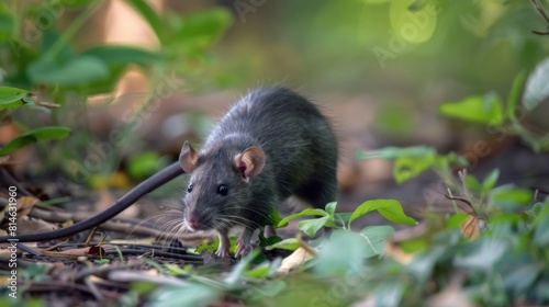 A Madagascar Giant Rat is seen walking through dense grass in a wooded area. The rat moves stealthily, blending with its surroundings as it navigates through the lush greenery. © vadosloginov