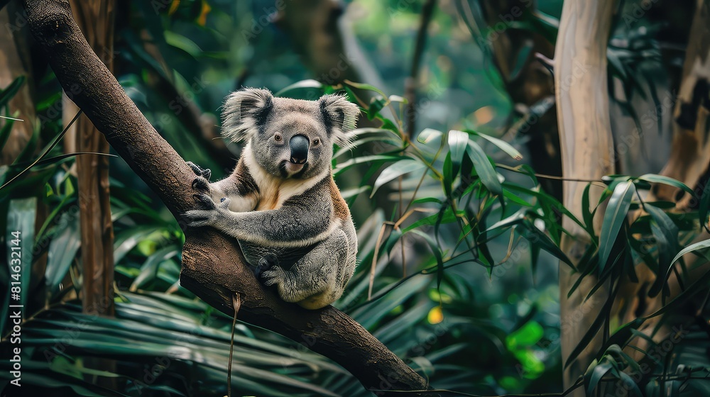 Fototapeta premium An inspiring shot capturing the charm of a koala bear as it sits on a branch, contentedly munching on leaves against the backdrop of lush foliage, making it an ideal choice for a stunning wallpaper.