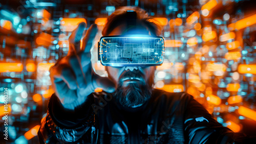 Man in futuristic VR headset with glowing digital interface reaching out  immersed in a virtual reality experience.