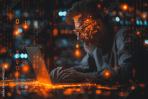 A man is typing on a laptop in front of a glowing screen