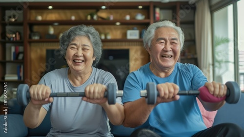 An elderly couple joyfully exercises with dumbbells at home  suggesting themes of health  fitness  and active aging  suitable for Senior Health   Fitness Day or World Health Day.