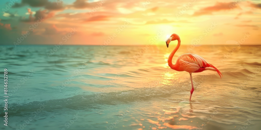 Fototapeta premium A captivating photo showcasing a flamingo against the backdrop of a stunning natural landscape, with the vibrant colors and serene waters providing an ideal setting for a 4K wallpaper.
