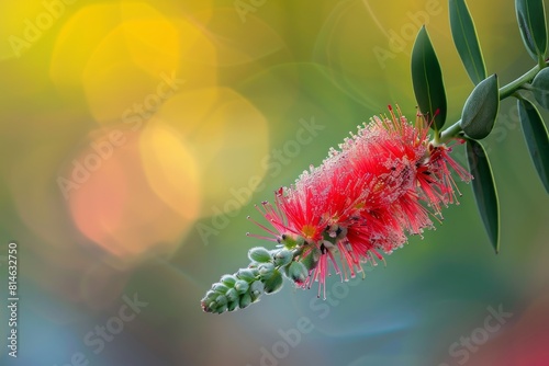 A detailed view of a bottlebrush flower blooming on a plant, showcasing its delicate beauty and intricate details up close. The flower is in full bloom, with its vibrant colors and unique shape in foc photo