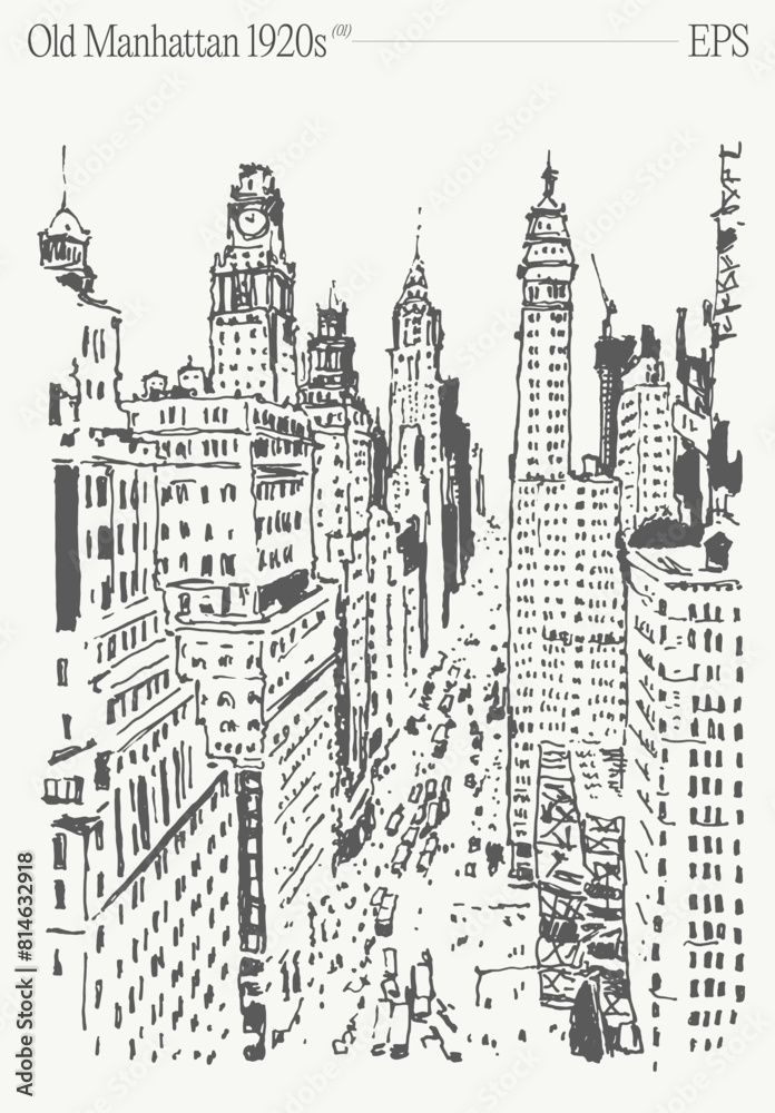 Old Manhattan 1920s, New York skyline. Hand drawn vector illustration, sketch. Old Manhattan 1920s, New York skyline. Hand drawn vector illustration, sketch.