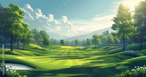 Minimalist vector illustration of a relaxing golf course. Generative AI. photo