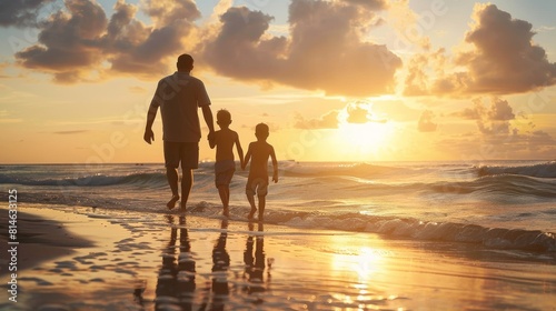 A man, presumably a father, walks along the sandy beach at sunset with a boy and a girl beside him. The trio enjoys a leisurely stroll against the backdrop of the setting sun over the water. © vadosloginov