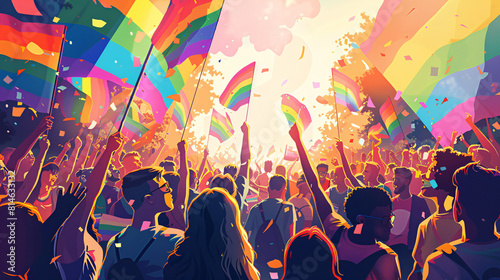 A dynamic image of a pride parade in full swing, with a crowd of participants and onlookers celebrating under rainbow banners photo