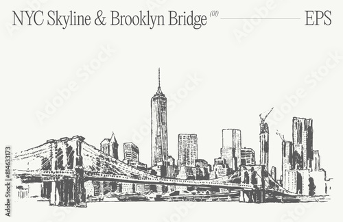 A drawing of NYC skyline with Brooklyn Bridge in the foreground