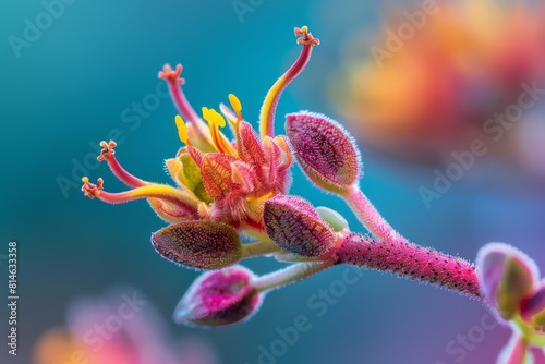 A detailed view of a Kangaroo Paw flower in sharp focus, set against a blurred background. The vibrant colors and intricate details of the flower are highlighted in this close-up shot.