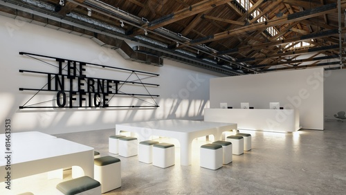 Spacious area labeled as the internet office with a sign