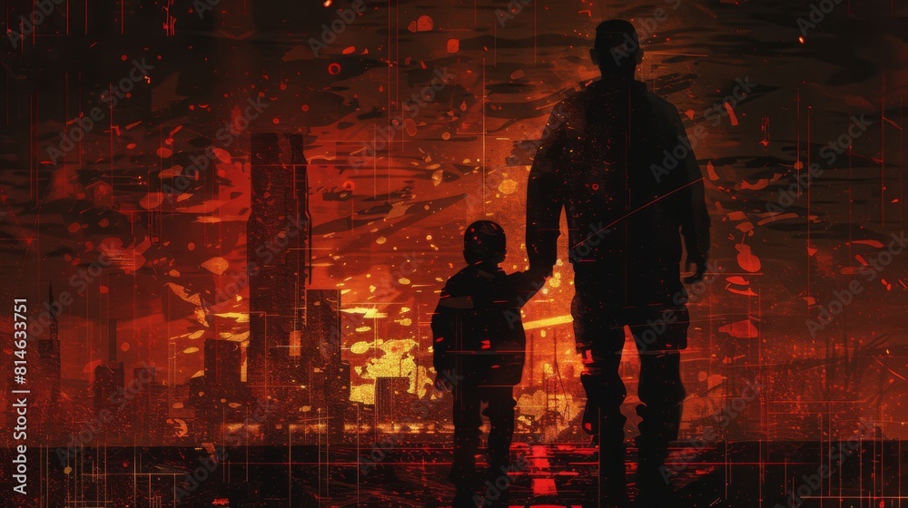 Silhouette of father and son walking in front of a fire