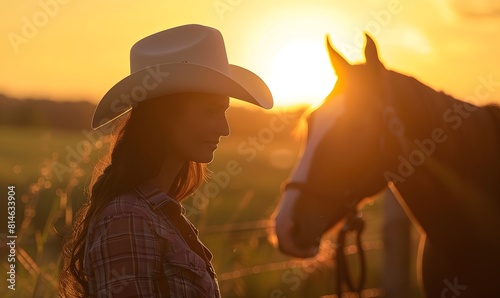 cowgirl in hat backlit by sunset on farm with horse,  Generative AI photo