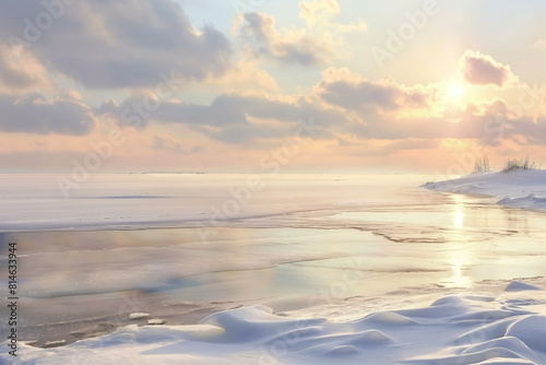 Serene winter sunrise over frozen lake © Edvvin