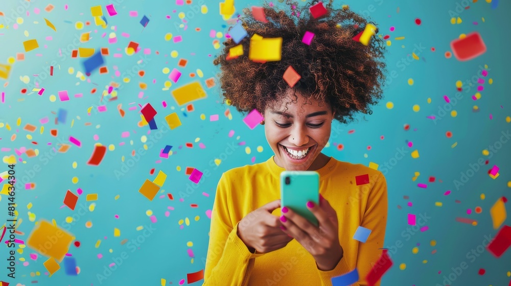 Fototapeta premium A woman is looking at her phone, surrounded by colorful confetti. She appears engaged with the device, possibly receiving birthday greetings or messages, amidst a festive atmosphere.