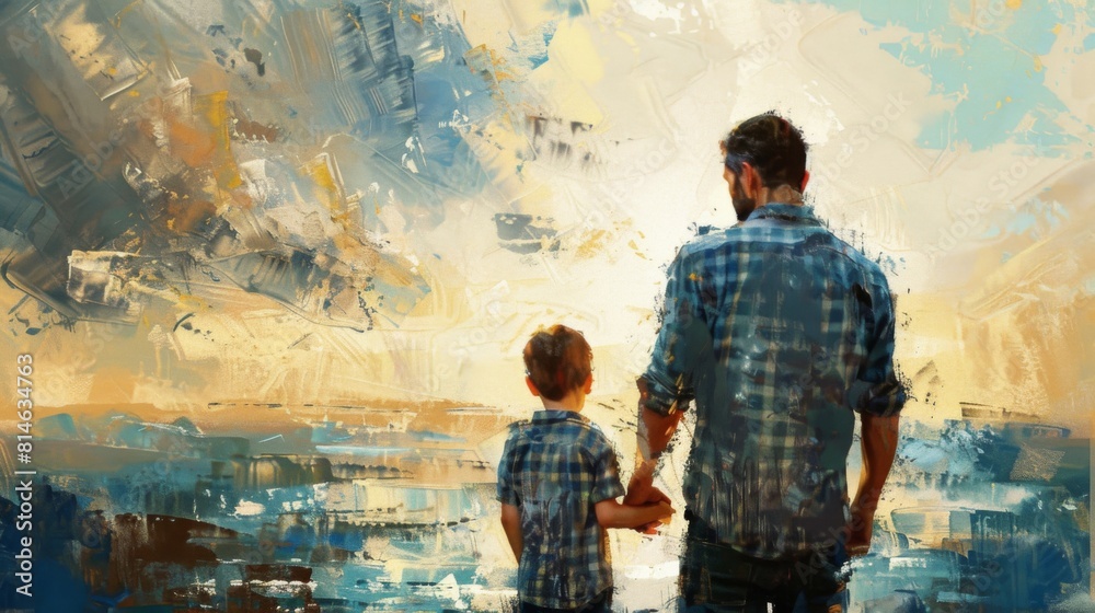 A father and son holding hands in a heartwarming embrace A father and son holding hands in a heartwarming embrace