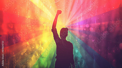 A silhouette of a person raising their fist in solidarity, with the colors of the pride flag radiating from their hand, signifying the ongoing fight for LGBTQ+ rights. photo