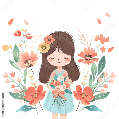 little girl celebrate her birthday with flower and bouquet  background are white  and the style are simple cartoon draw.