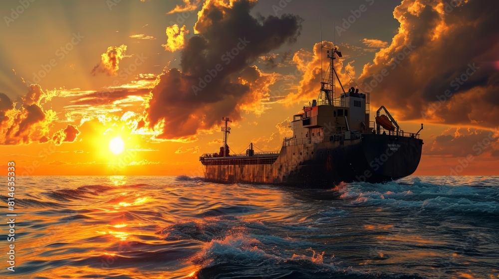 Generative AI Cargo ship sailing at sunset, golden hour glow, serene sea, majestic atmosphere, detailed linework, realistic depiction Generative AI Cargo ship sailing at sunset, golden hour glow, serene sea, majestic atmosphere, detailed linework, realistic depiction