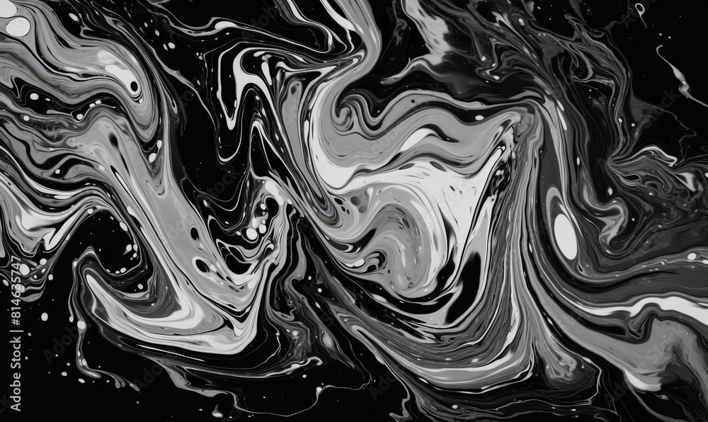 Beautiful Black and White Liquid Swirls with White Particles. Modern Marbling Background. Generative AI.