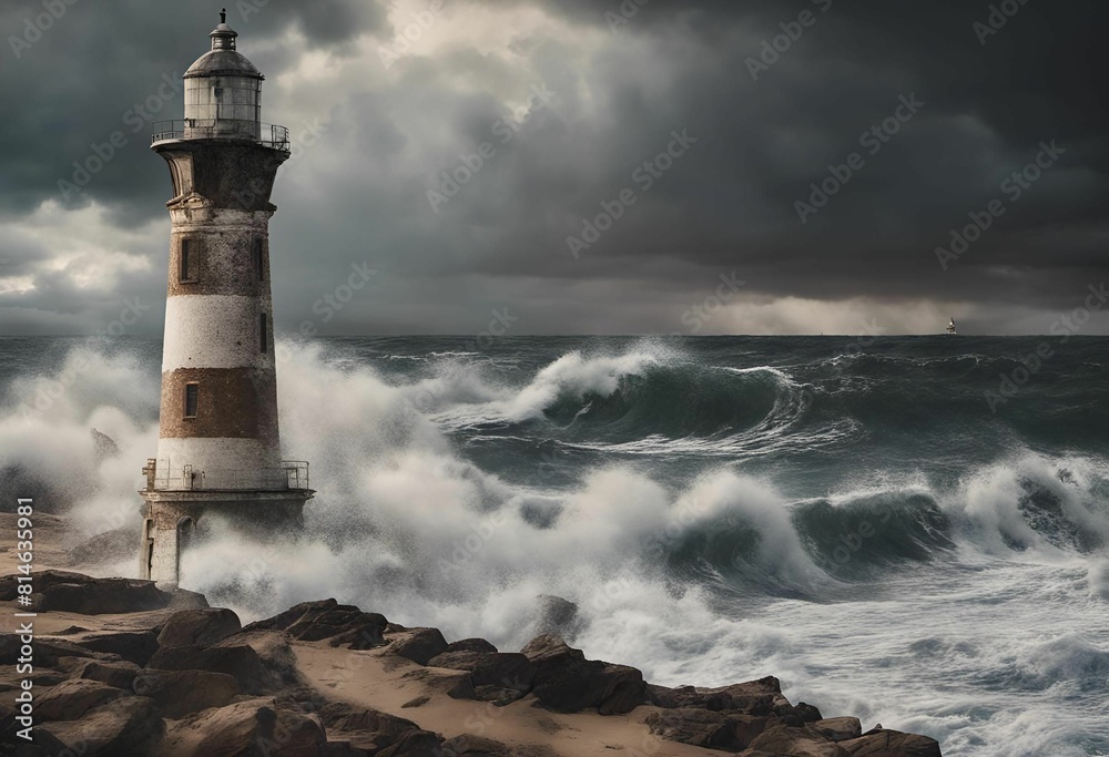 a lighthouse that has the water spraying over it and dark clouds a lighthouse that has the water spraying over it and dark clouds