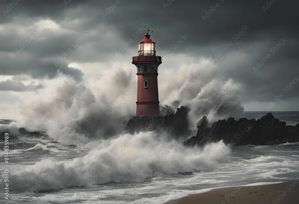 waves breaking around a lighthouse on the water's edge waves breaking around a lighthouse on the water's edge