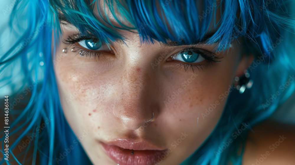 Portrait of blue hair, beauty with bright makeup, close-up, photo in bright light Portrait of blue hair, beauty with bright makeup, close-up, photo in bright light
