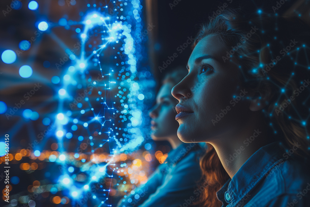 A woman is looking at a computer screen with a blue background A woman is looking at a computer screen with a blue background