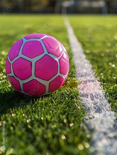 Close up of a pink Soccer Ball next to a white Line on a green Pitch. Football Wallpaper