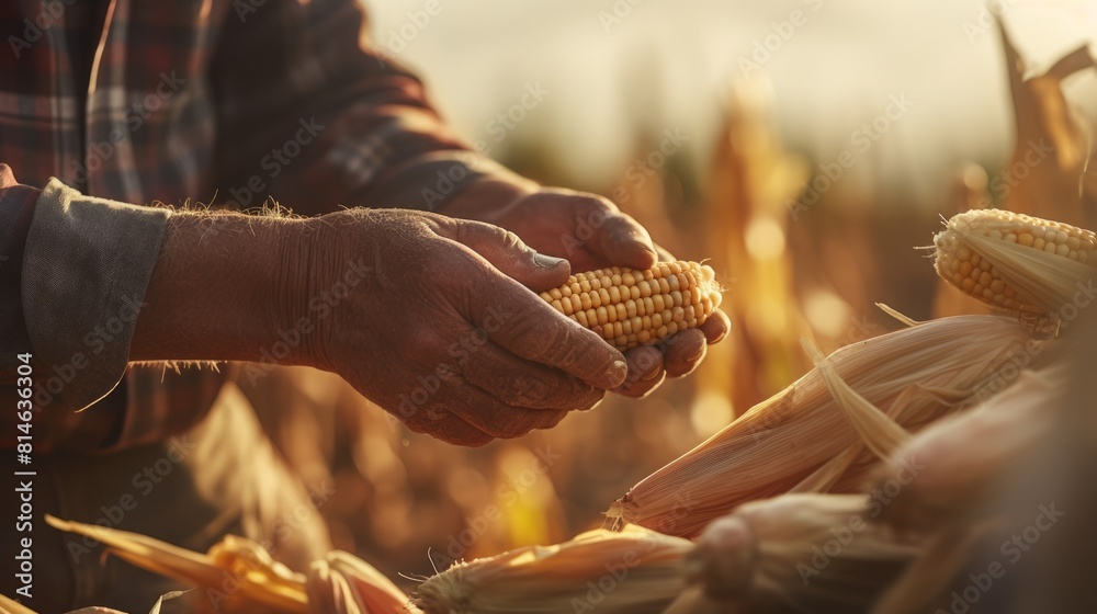 Φωτογραφία Generative AI Close-up shot focusing on the hands of a farmer picking ripe corn cobs during the harvest season in a picturesque cornfield