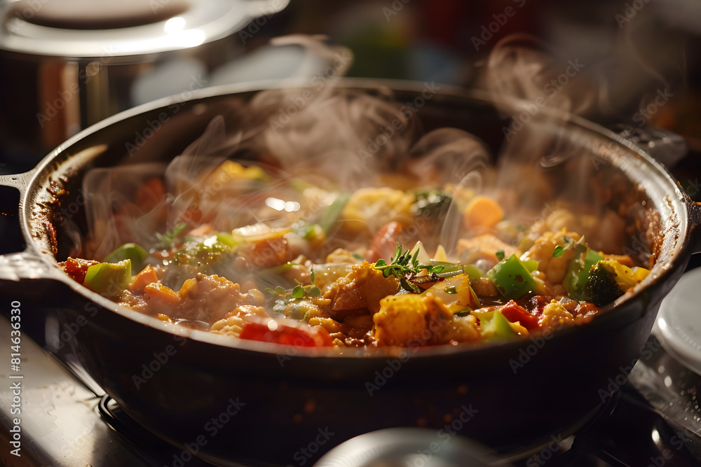 There is food in the pot, the pot is on the kitchen table, close-up of the food in the pot There is food in the pot, the pot is on the kitchen table, close-up of the food in the pot