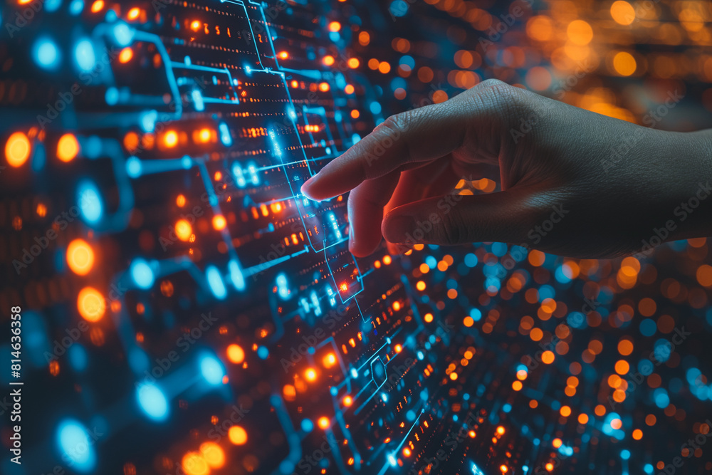 A hand is pointing at a computer screen with a lot of glowing dots A hand is pointing at a computer screen with a lot of glowing dots