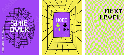 Linear distorted posters for print design. Abstract liquid background. Trendy graphic templates set.