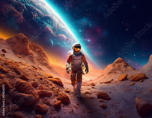 Astronaut Exploring Universe Red Planet Cosmic Dust   Colorful Sky Galaxy Fantasy Science Technology Concept   Futuristic World Mankind Explore Discover Astronaut Spacesuit Cosmos   Interstellar Art