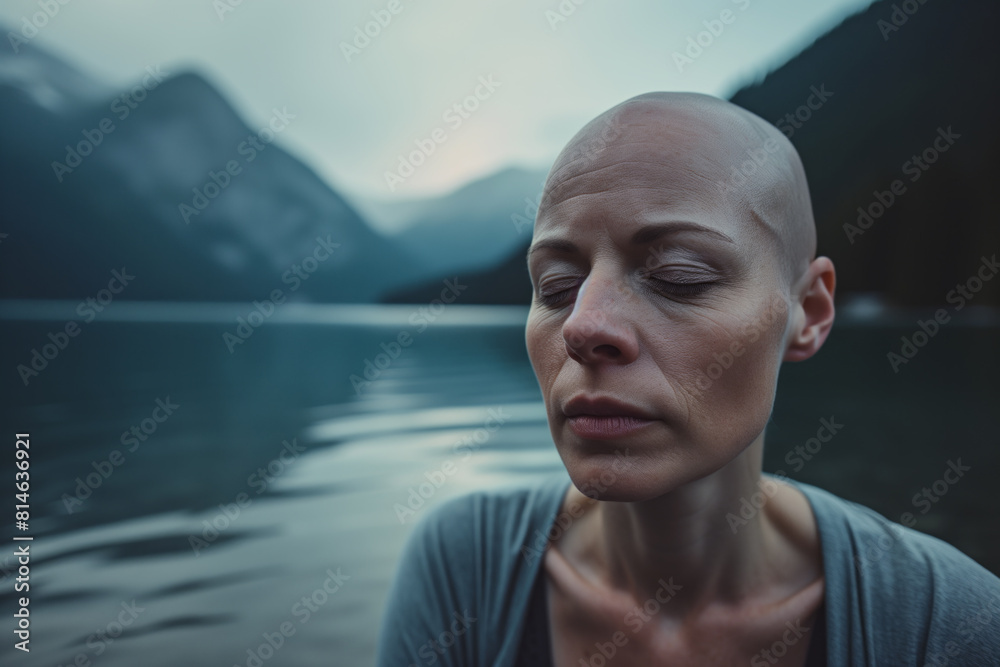 AI Image. Concentrated bald woman against the smooth mountain lake